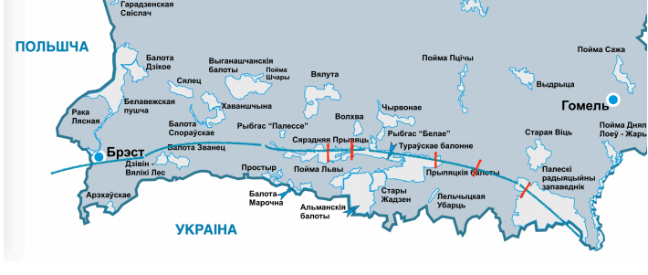 Карта с примерным размещением шлюзов на реке Припять согласно данным проекта ТЭО © Багна