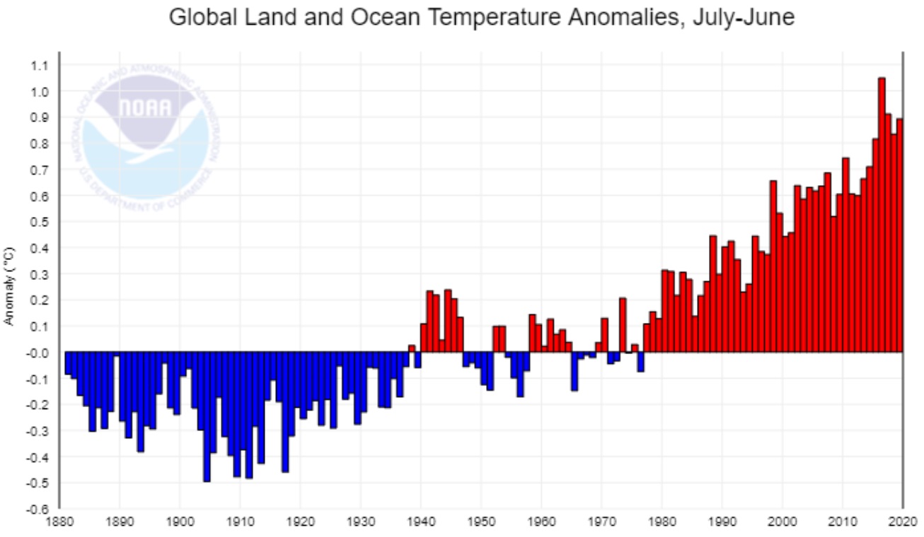 Температурные аномалии приземных слоев воздуха Земли за весь период наблюдений по данным NOAA