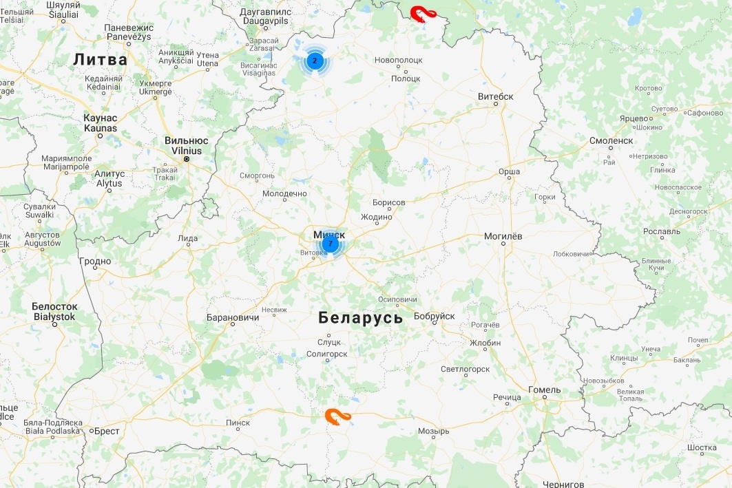 Карта распространения угря в Беларуси