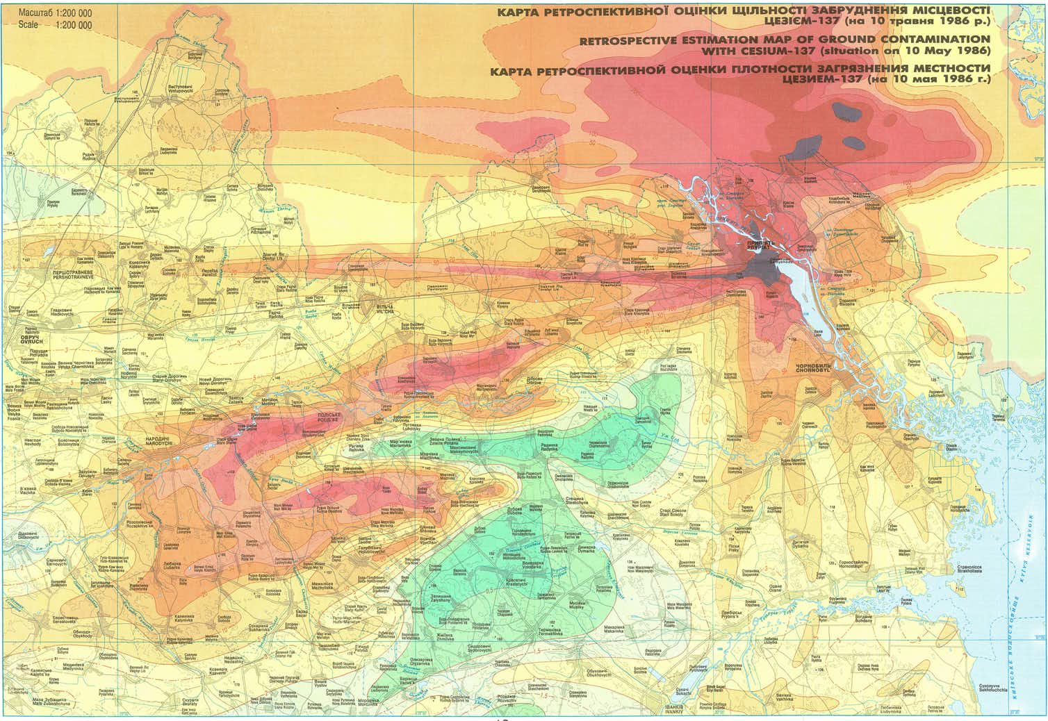 Карта Чернобыльской области Украины. Обратите внимание на очень неоднородные модели радиоактивного осаждения в регионе. Районы с низкой радиацией обеспечивают убежища для диких животных в регионе