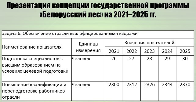 Задача 6 подпрограммы 1 концепции госпрограммы «Беларусский лес» на 2021–2025 годы © Из презентации В. Носникова