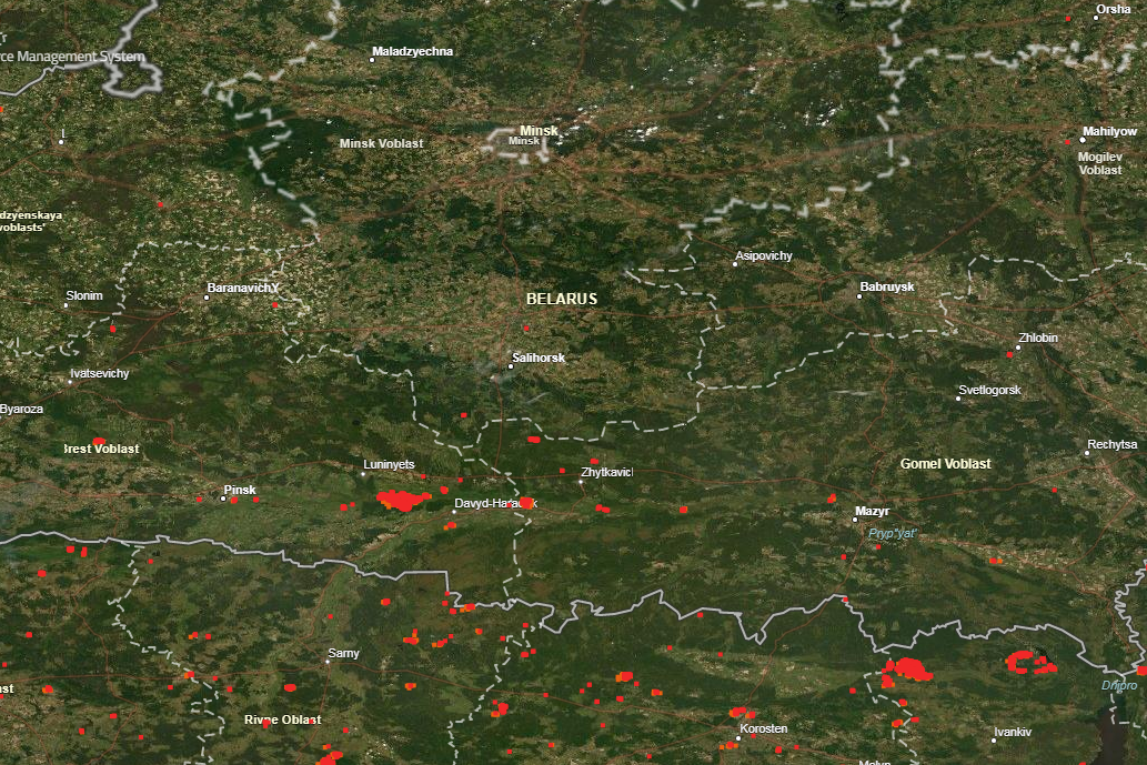 Карта природных пожаров на 11 апреля 2020 года в регионе Полесья  © NASA