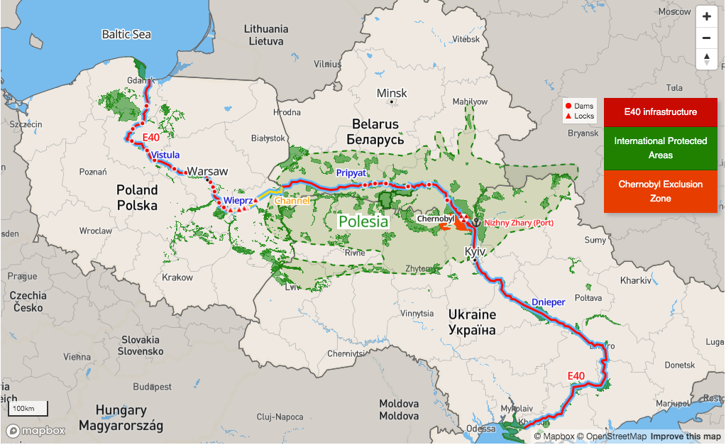 Схема водного пути Е40, который проходит через множество важнейших природоохранных территорий Полесья. Красными точками отмечены примерные места возможного строительства новых шлюзов. 