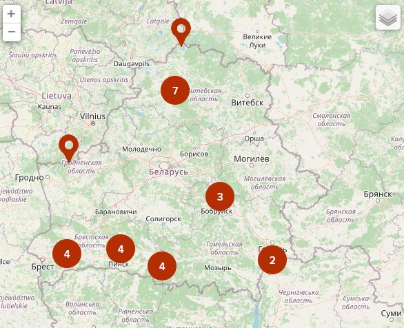 Ramsar Sites on a map of Belarus. The numbers indicate their quantity in the regions